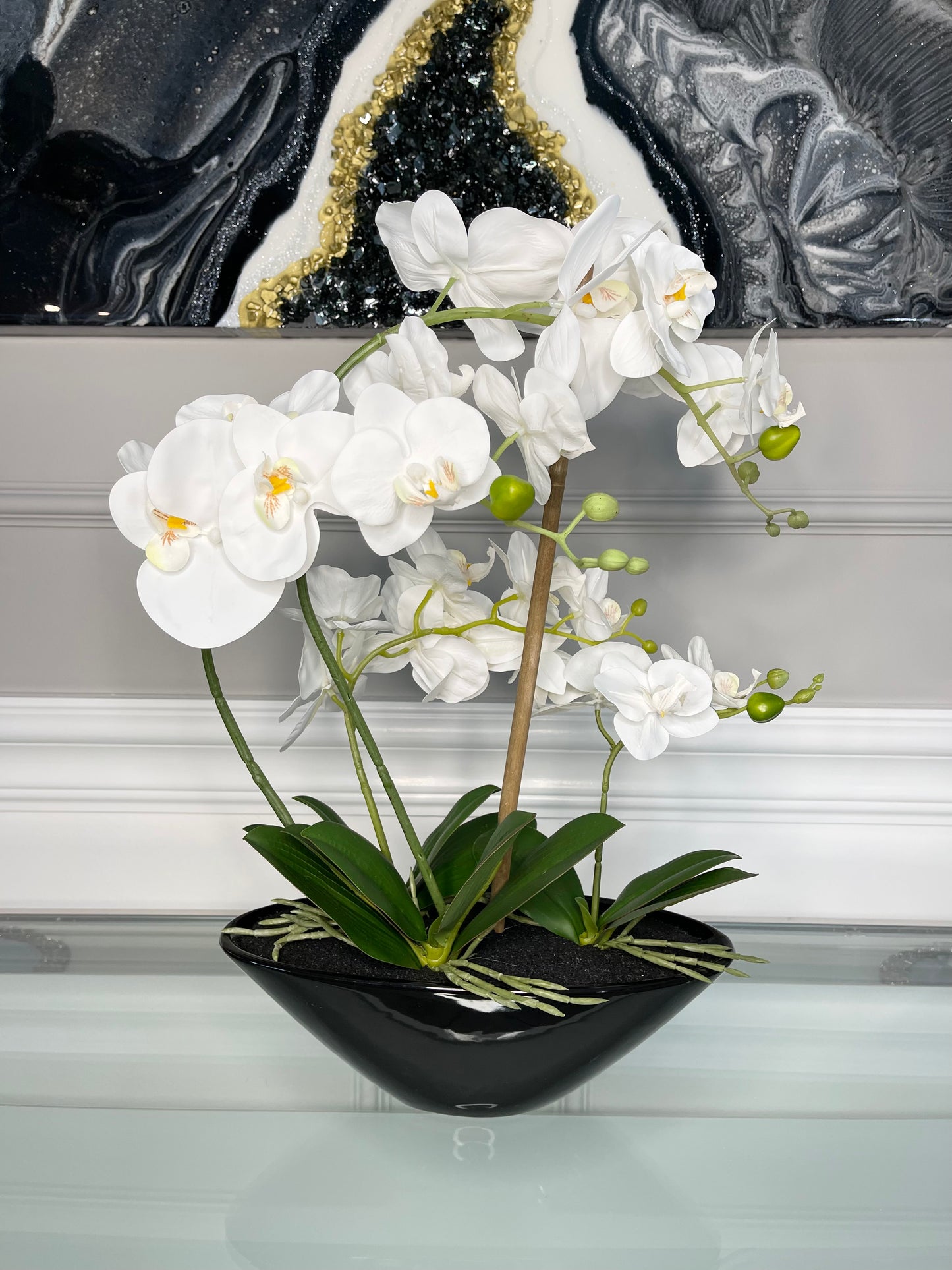 Real Touch White Phalaenopsis Orchid Arrangement on Black Vase