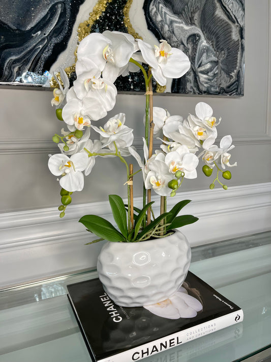 Giulia White Orchid Arrangement in Beveled White Ceramic Vase Real Touch