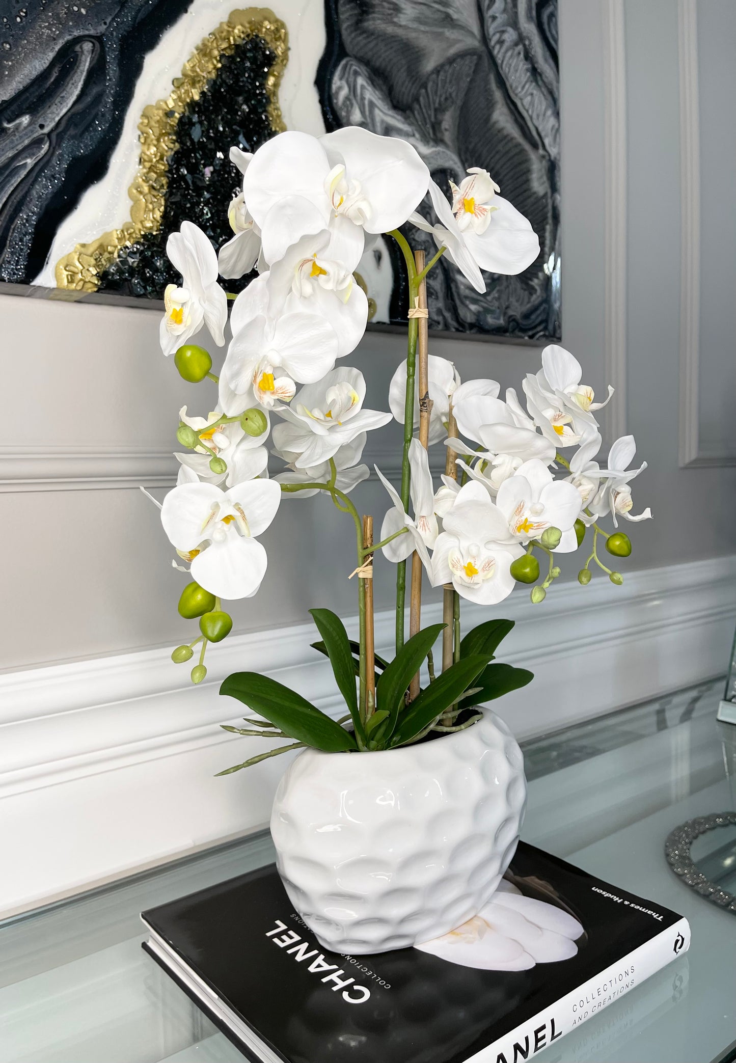 Real Touch White Orchid Arrangement in Beveled White Vase