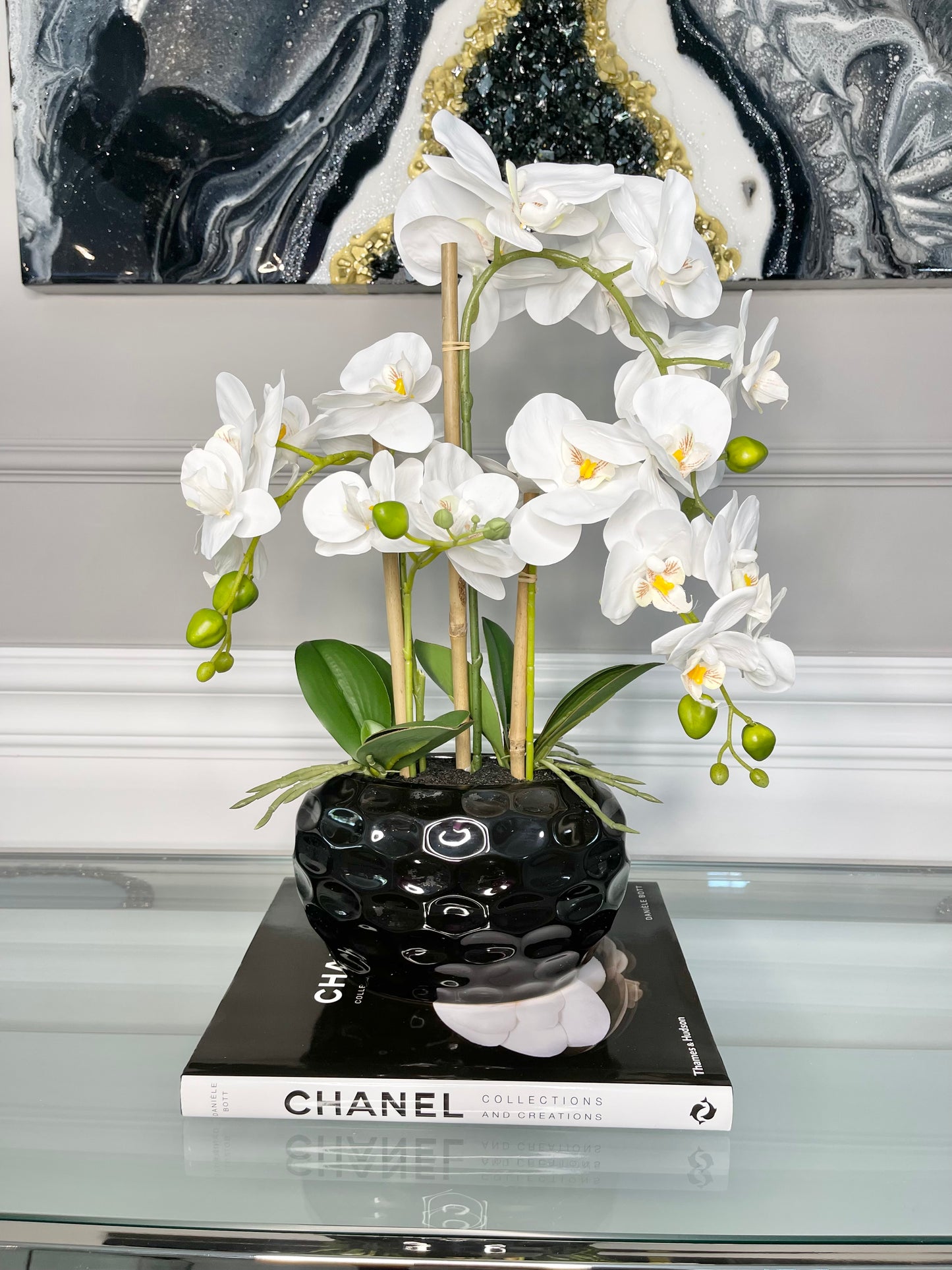 Real Touch White Orchid Arrangement in Beveled Black Vase