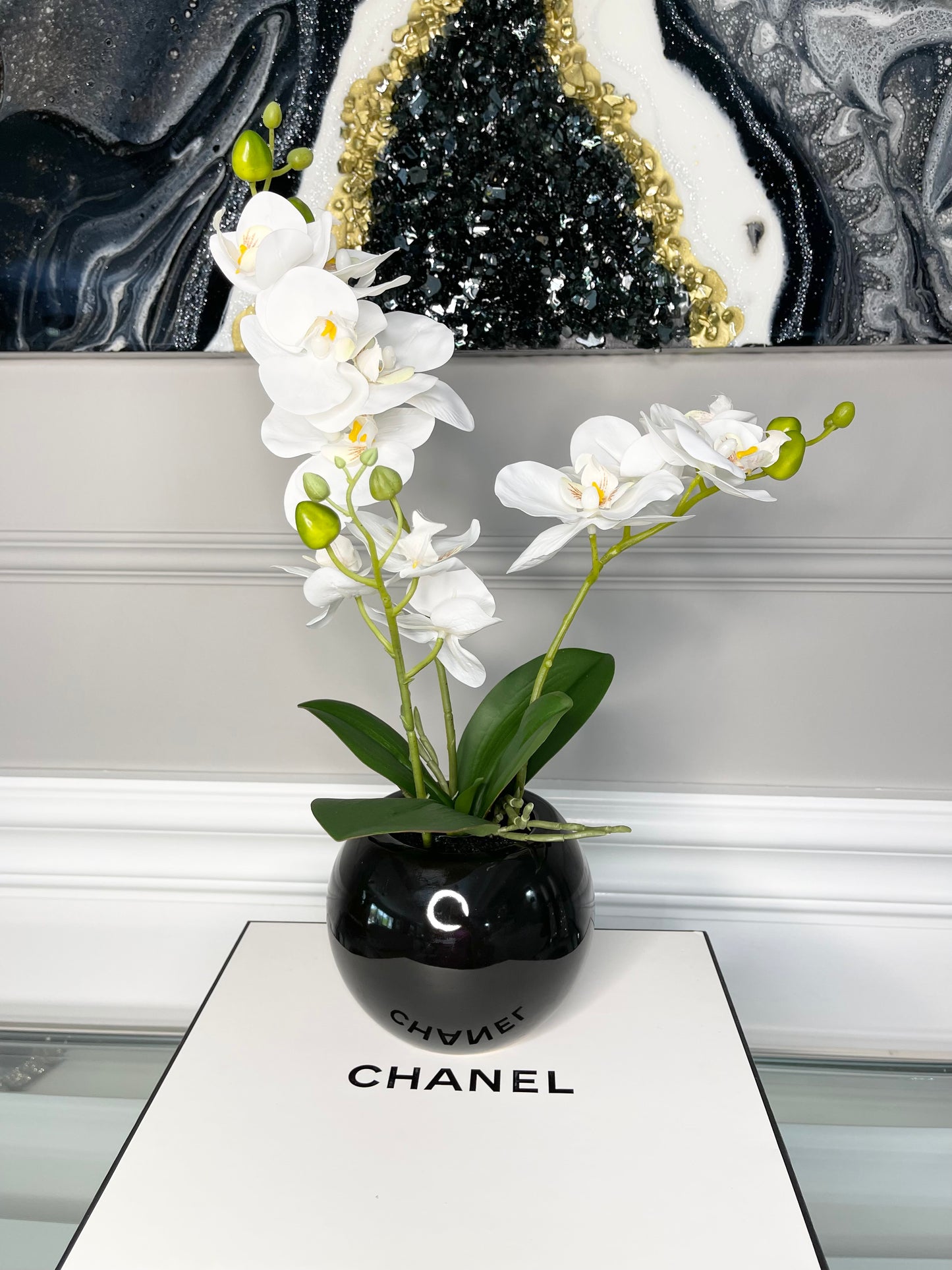 Orchid Arrangement in Black Round Modern Vase