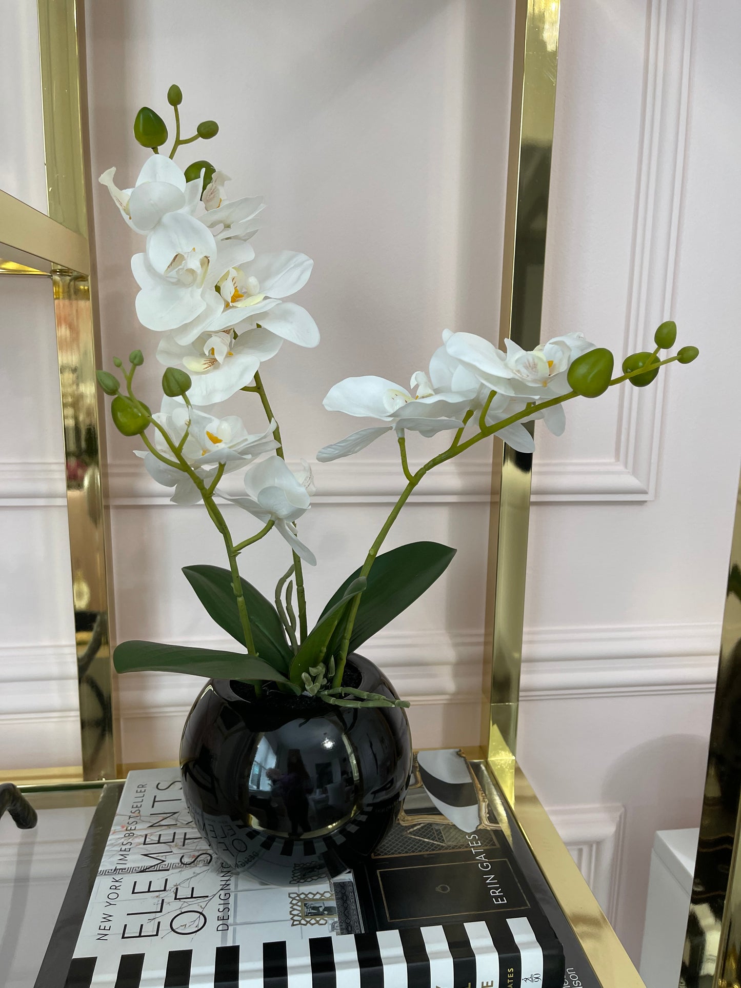 Orchid Arrangement in Black Round Modern Vase