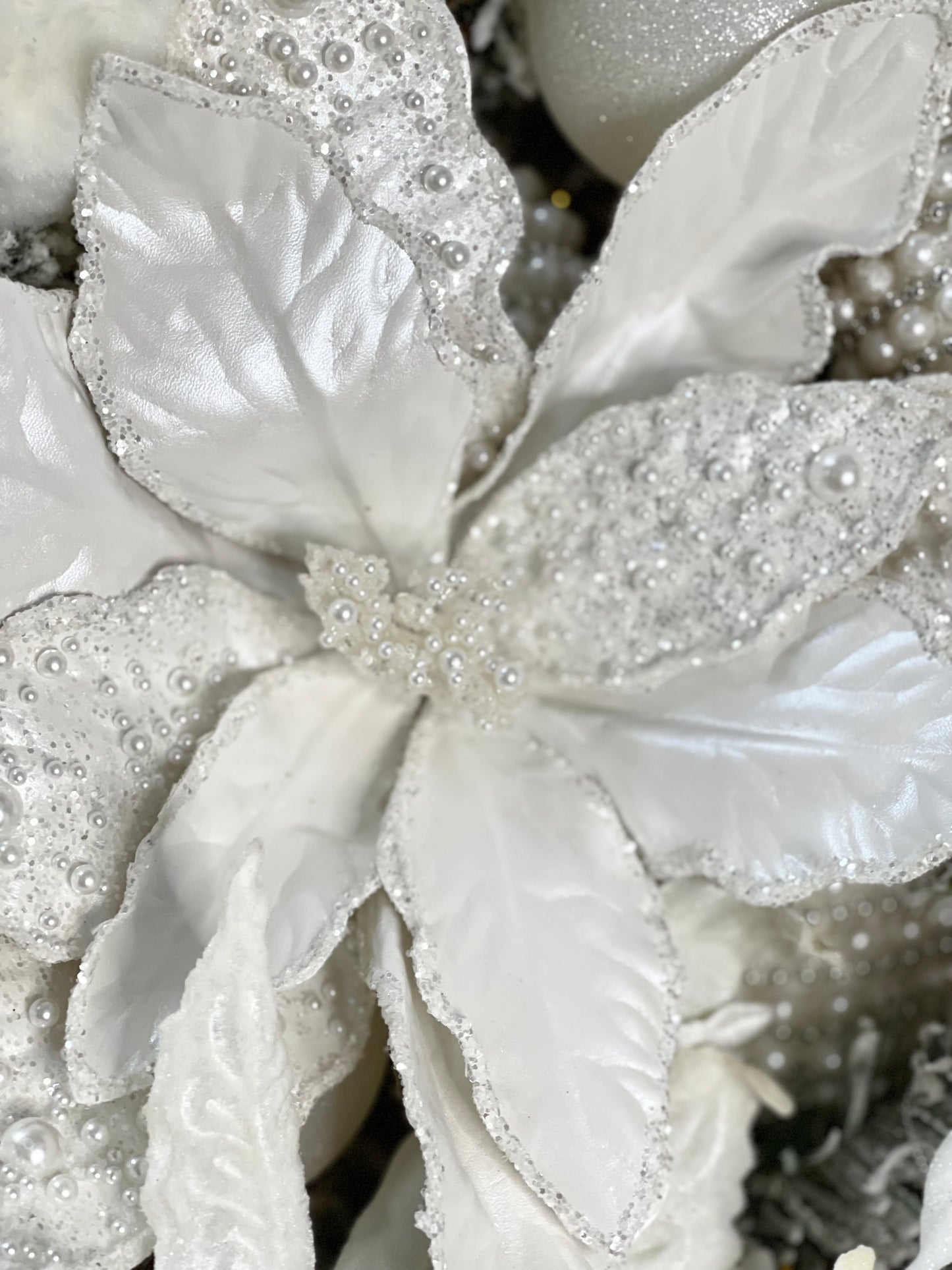 Sparkling White Poinsettia with Pearls, Set of 5