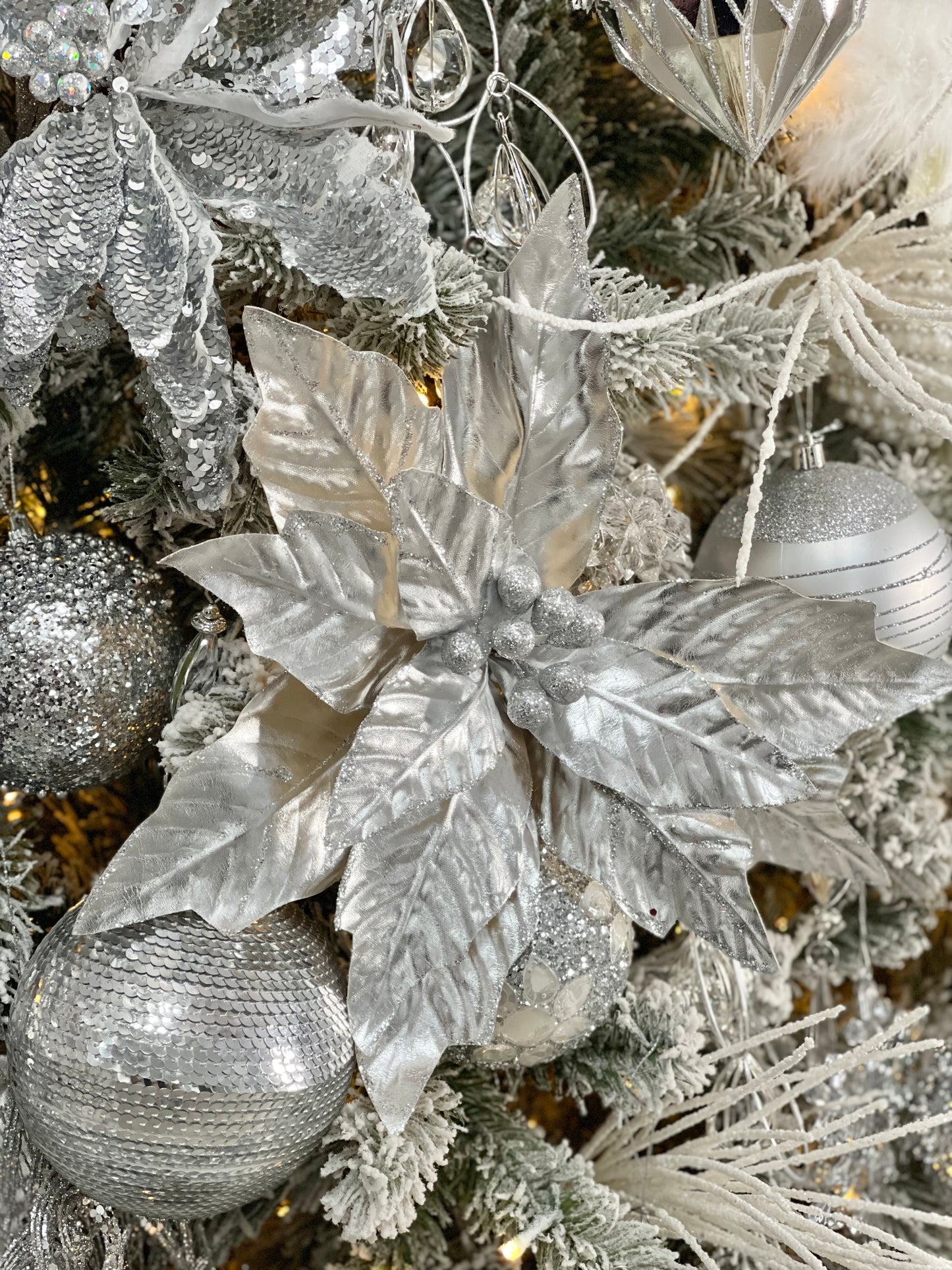 Silver Poinsettia with Glitter, Set of 5