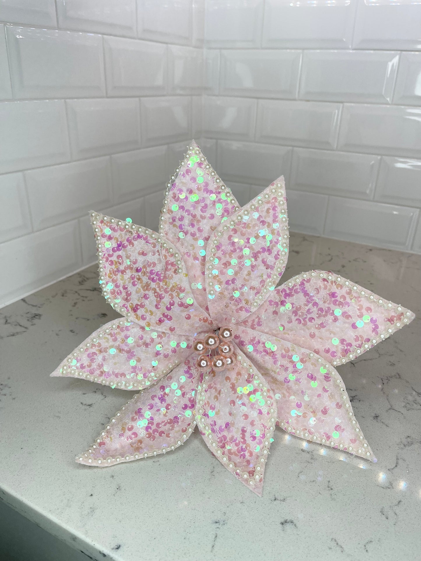 Baby Pink Multicolored Poinsettia Flower with Sequins and Pearls Set of 3 Christmas Flower