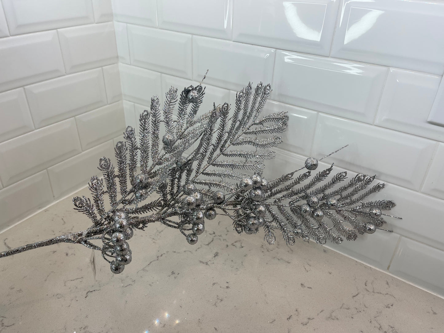 Silver Glitter Fern Shape Stem with Beads, Set of 10