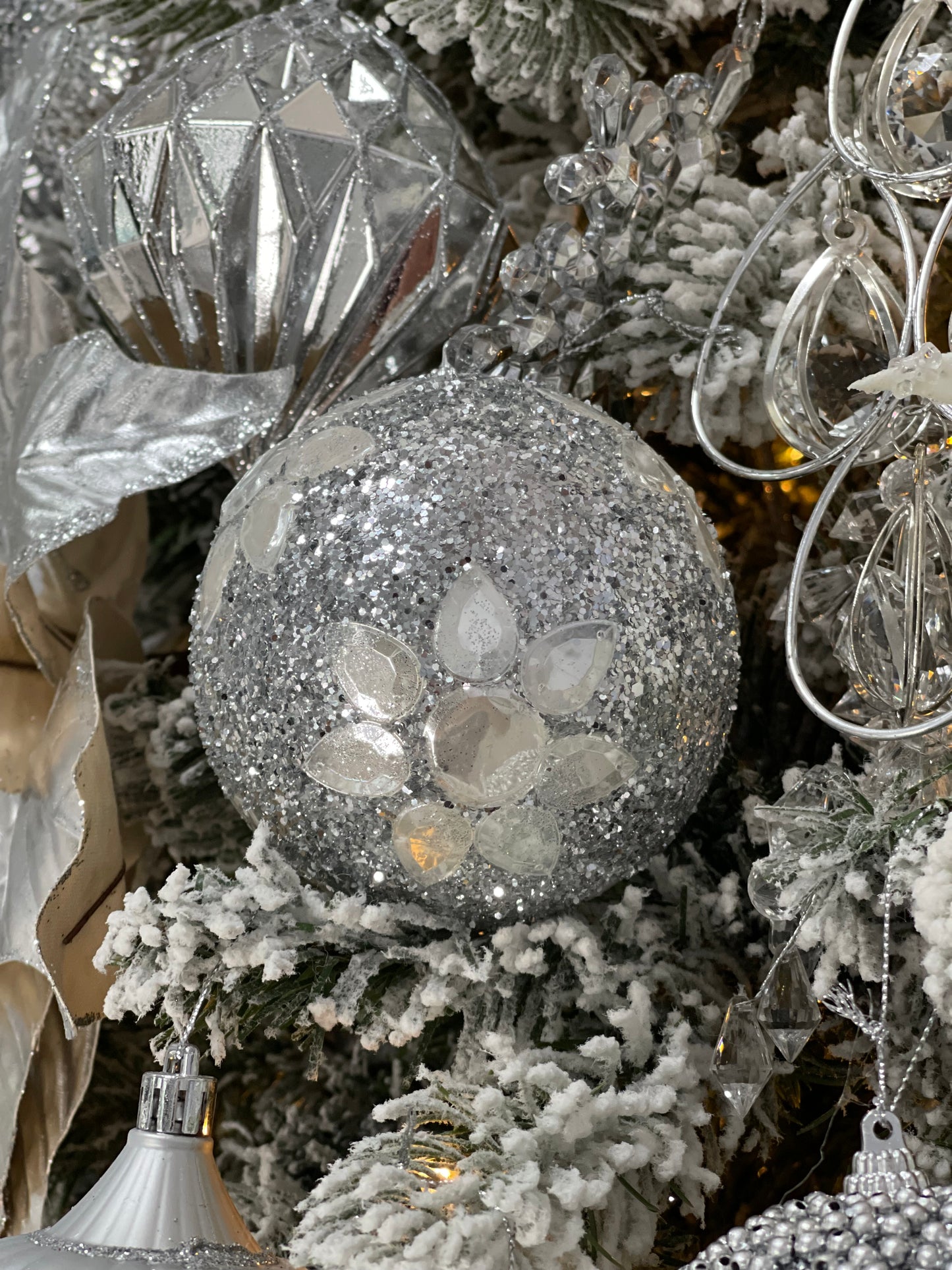 Glam Silver Glitter Flower Ornaments, 4 inch, Set of 24