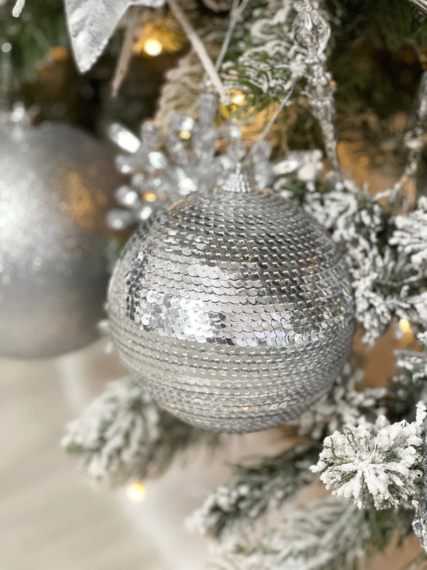 Silver Sequin Ornaments, 4.8 inch, Set of 12