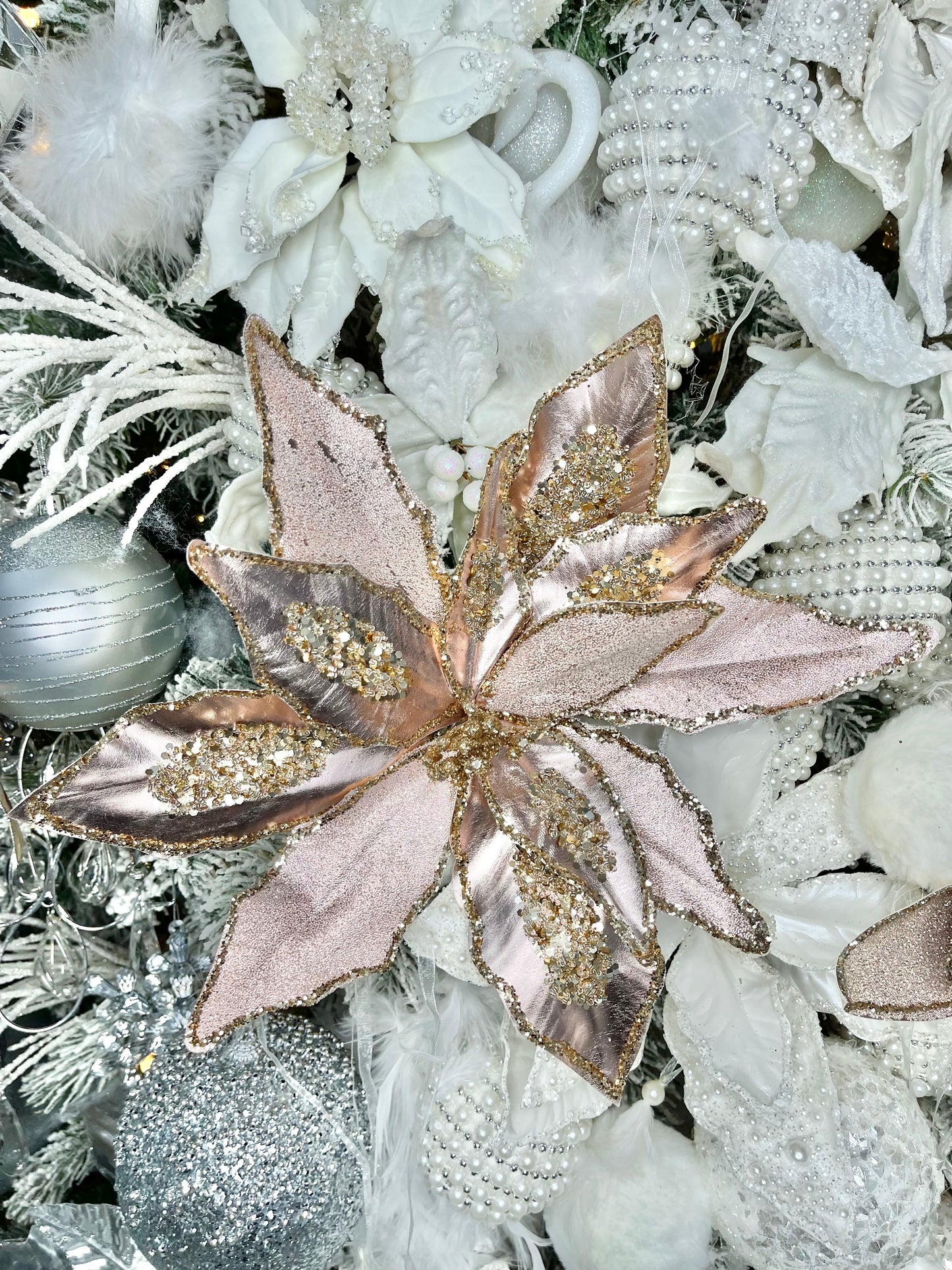 Rose Gold Poinsettia with Glitter, Set of 5