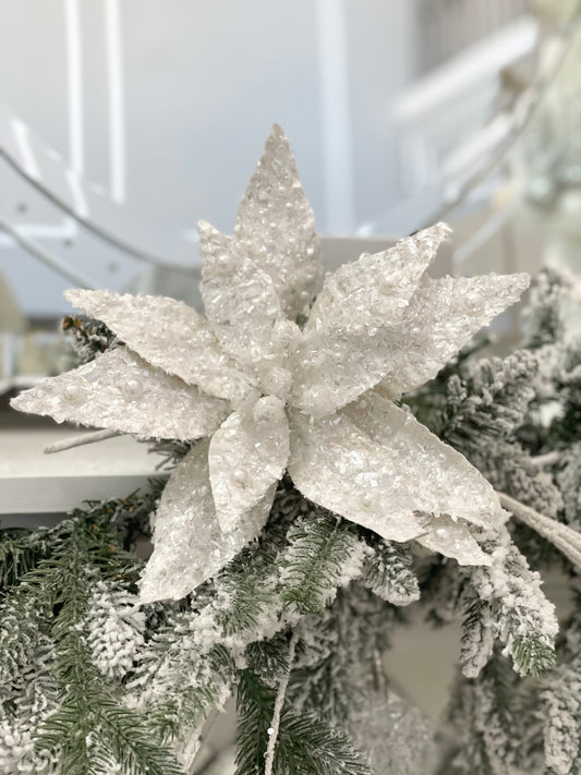Frosted White Poinsettia with Glitter 9''