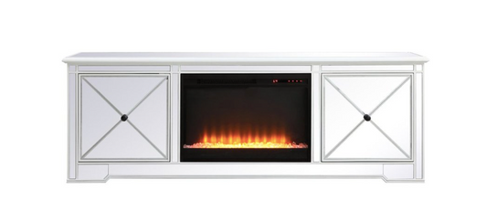 Riley Modern Mirrored TV Stand with Crystal Fireplace in Antique White