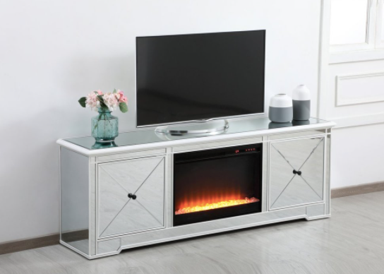 Riley Modern Mirrored TV Stand with Crystal Fireplace in Antique White