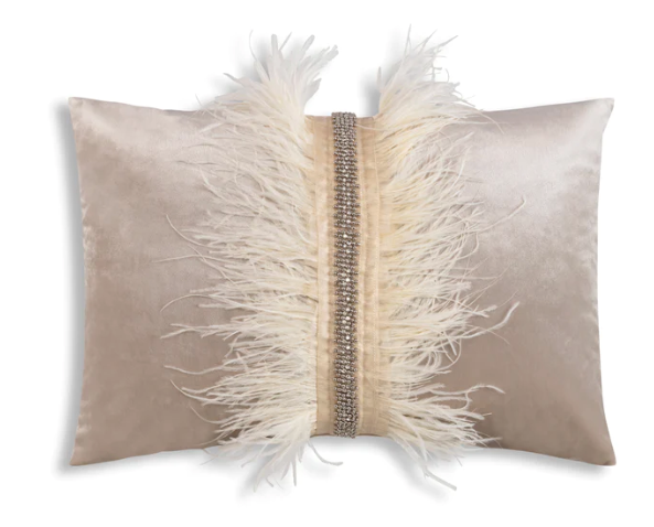 Ava Beige Velvet Pillow with Ostrich Feathers and Rhinestones 22"