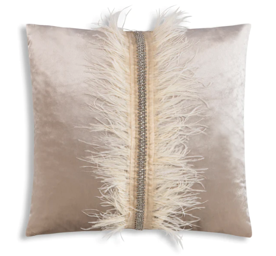 Ava Beige Velvet Pillow with Ostrich Feathers and Rhinestones 22"