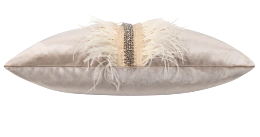 Ava Beige Velvet Pillow with Ostrich Feathers and Rhinestones 22"