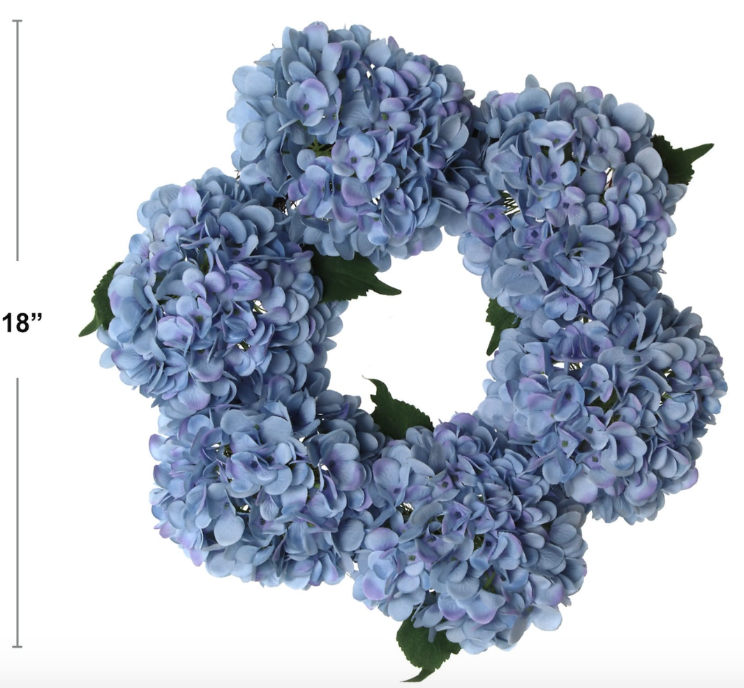 Capri Medium Luxury Blue Silk Hydrangea Wreath, 18in UV Resistant, All-Season Beauty