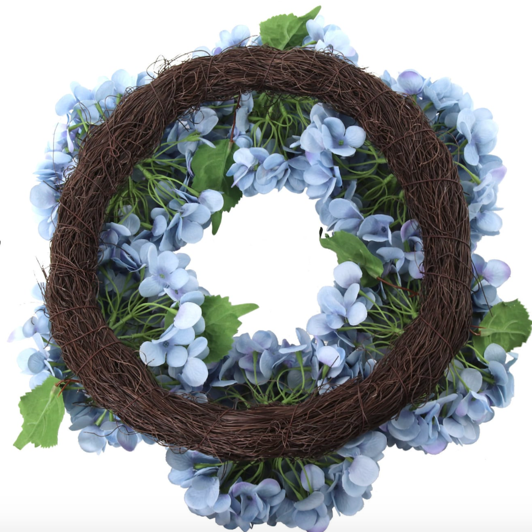 Capri Medium Luxury Blue Silk Hydrangea Wreath, 18in UV Resistant, All-Season Beauty