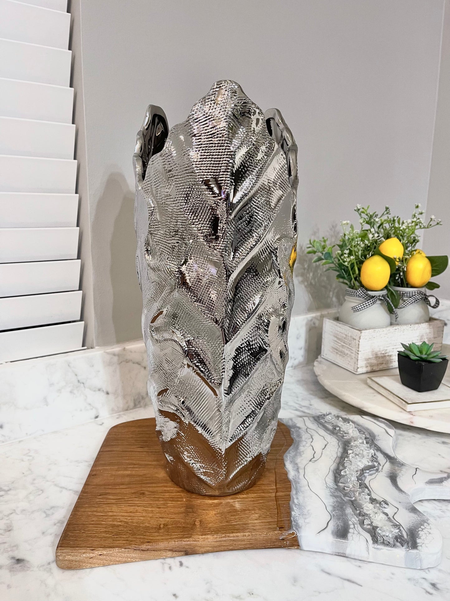 Scratched Leaf Silver Vase