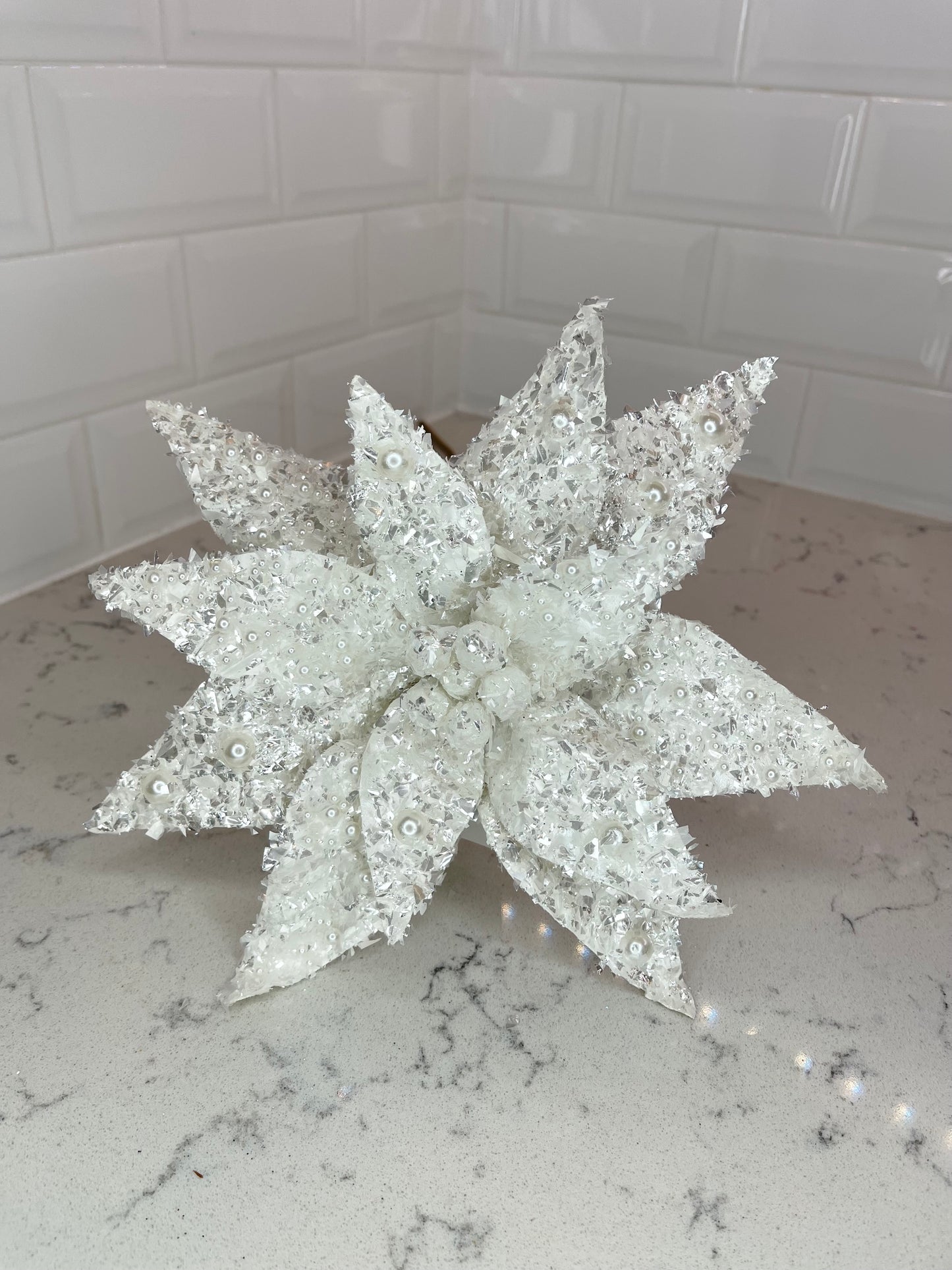 Frosted White Poinsettia with Glitter, Set of 5