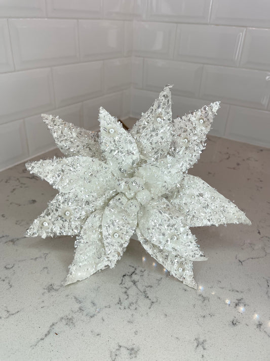 Frosted White Poinsettia with Glitter 9''