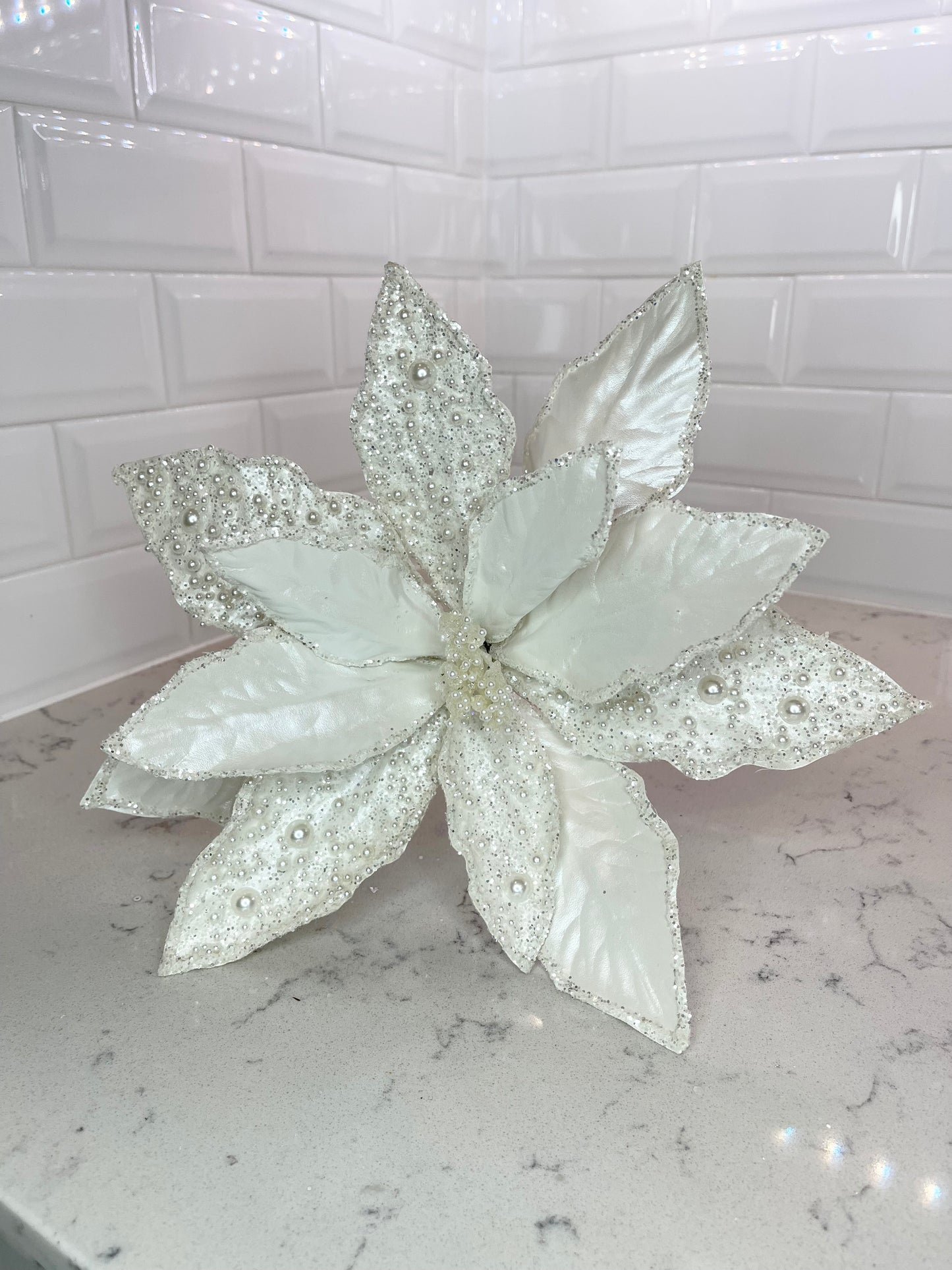 Sparkling White Poinsettia with Pearls, Set of 5