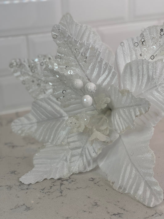 Glam White Poinsettia with Sequins, Set of 5